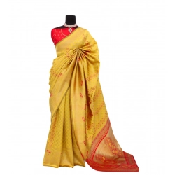 Women's Banarasi Printed Saree With Unstitched Blouse 5.5Mtr (Yellow)