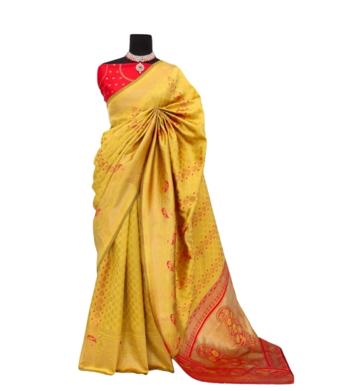 Women's Banarasi Printed Saree With Unstitched Blouse 5.5Mtr (Yellow)