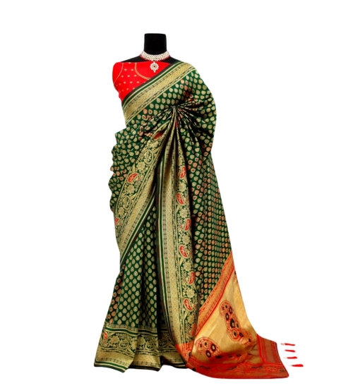 Women's Banarasi Printed Saree With Unstitched Blouse 5.5Mtr (Green)