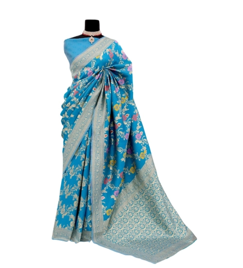 Women's Banarasi Printed Saree With Unstitched Blouse 5.5Mtr (Aqua Blue)