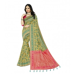 Women's Banarasi Printed Saree With Unstitched Blouse 5.5Mtr (Golden)