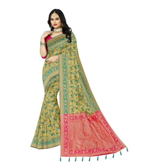 Women's Banarasi Printed Saree With Unstitched Blouse 5.5Mtr (Golden)