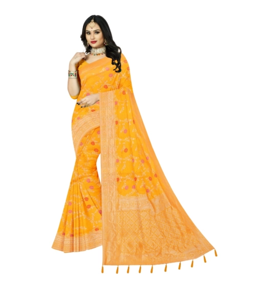 Women's Banarasi Printed Saree With Unstitched Blouse 5.5Mtr (Yellow)