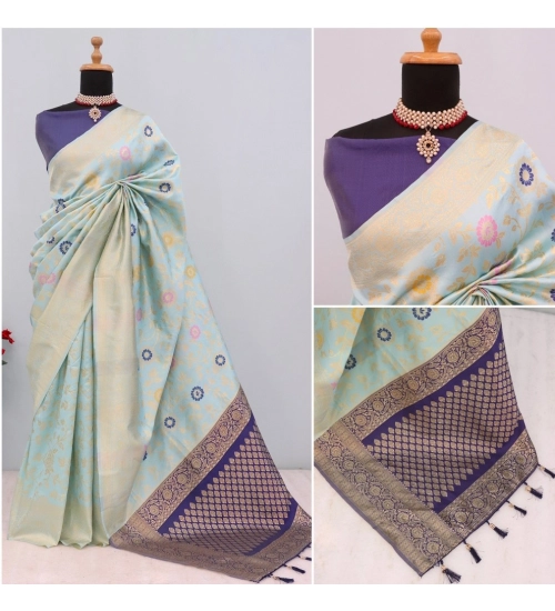 Women's Banarasi Printed Saree With Unstitched Blouse 5.5Mtr (Firozi)