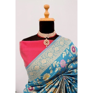 Generic Women's Banarasi Printed Saree With Unstitched Blouse 5.5Mtr (Aqua Blue)