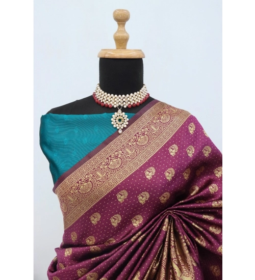 Women's Banarasi Printed Saree With Unstitched Blouse 5.5Mtr (Purple)
