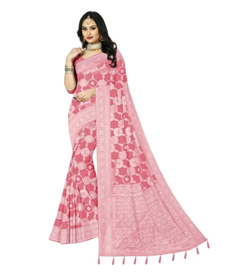 Women's Cotton Printed Saree With Unstitched Blouse 5.5Mtr (Peach)