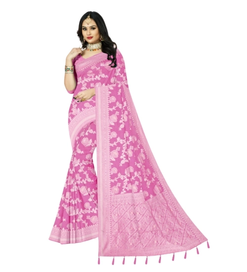 Women's Cotton Printed Saree With Unstitched Blouse 5.5Mtr (Pink)
