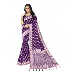 Women's Satin Printed Saree With Unstitched Blouse 5.5Mtr (Purple)