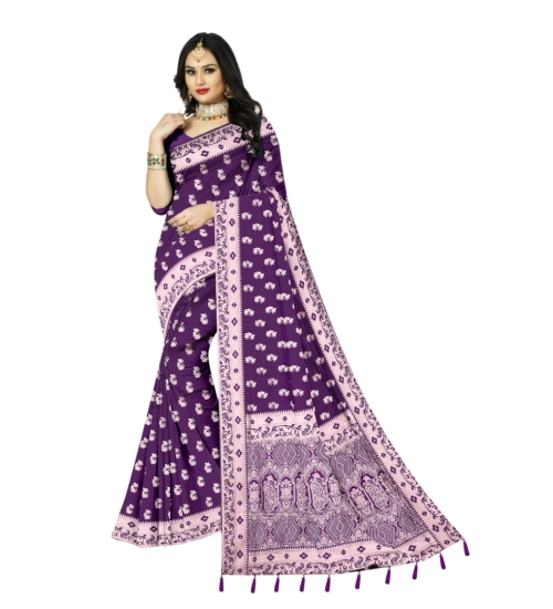 Women's Satin Printed Saree With Unstitched Blouse 5.5Mtr (Purple)