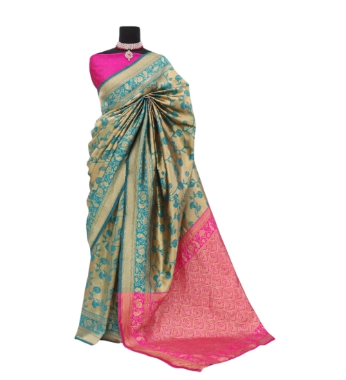 Women's Banarasi Printed Saree With Unstitched Blouse 5.5Mtr (Golden)