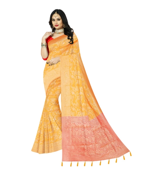 Women's Banarasi Printed Saree With Unstitched Blouse 5.5Mtr (Yellow)