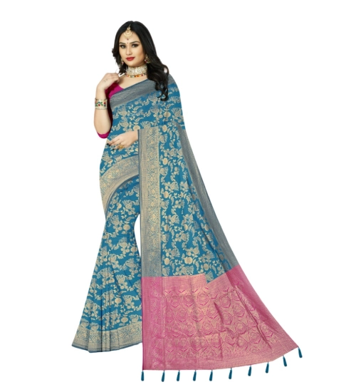 Women's Banarasi Printed Saree With Unstitched Blouse 5.5Mtr (Aqua Blue)