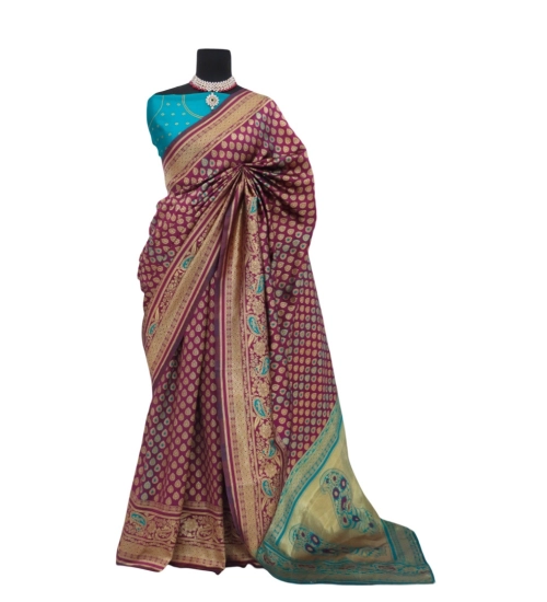 Women's Banarasi Printed Saree With Unstitched Blouse 5.5Mtr (Purple)