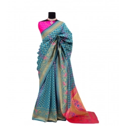 Women's Banarasi Printed Saree With Unstitched Blouse 5.5Mtr (Aqua Blue)