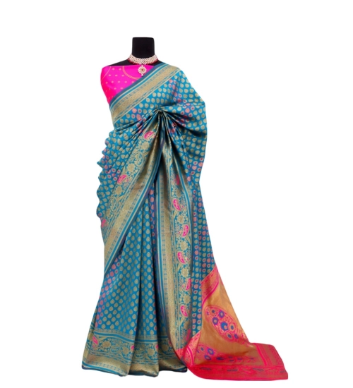 Women's Banarasi Printed Saree With Unstitched Blouse 5.5Mtr (Aqua Blue)