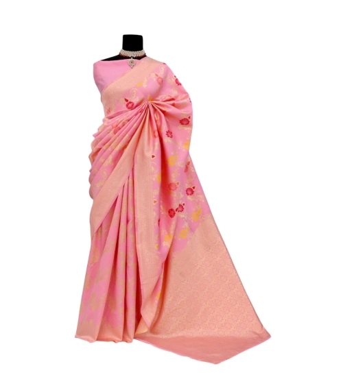 Women's Banarasi Printed Saree With Unstitched Blouse 5.5Mtr (Pink)