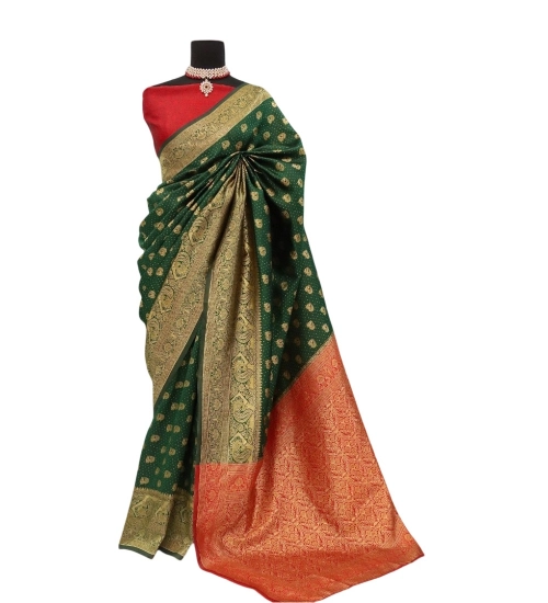 Women's Banarasi Printed Saree With Unstitched Blouse 5.5Mtr (Green)