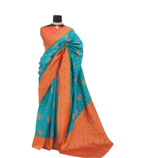 Women's Banarasi Printed Saree With Unstitched Blouse 5.5Mtr (Rama)