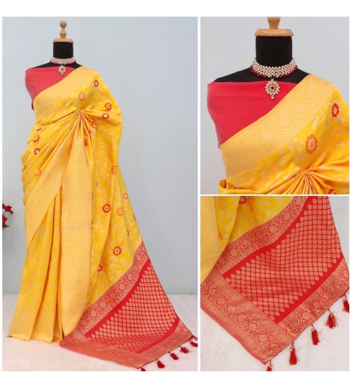 Women's Banarasi Printed Saree With Unstitched Blouse 5.5Mtr (Yellow)