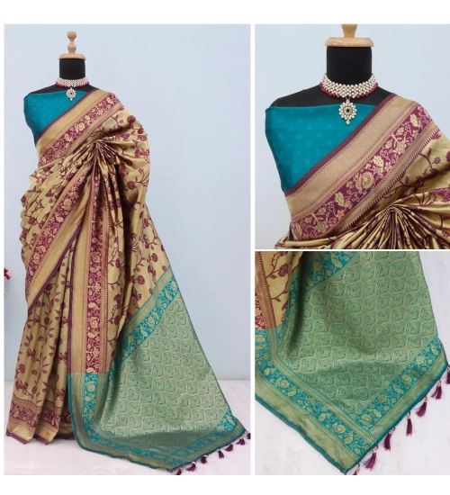 Women's Banarasi Printed Saree With Unstitched Blouse 5.5Mtr (Golden)