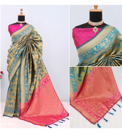 Women's Banarasi Printed Saree With Unstitched Blouse 5.5Mtr (Golden)
