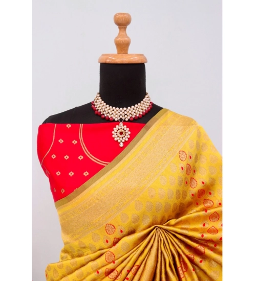 Women's Banarasi Printed Saree With Unstitched Blouse 5.5Mtr (Yellow)