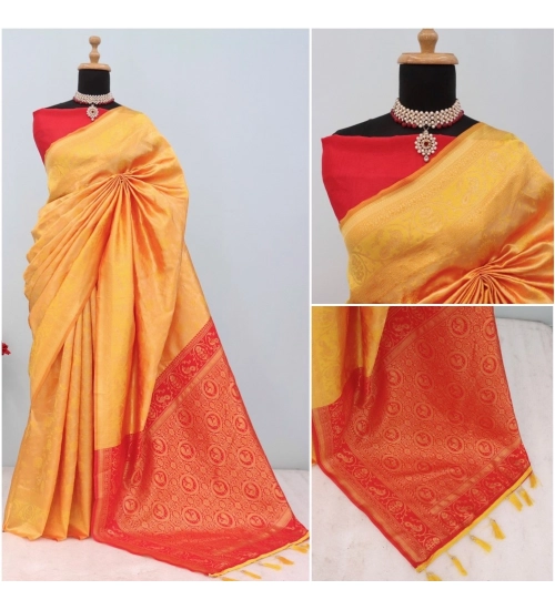 Women's Banarasi Printed Saree With Unstitched Blouse 5.5Mtr (Yellow)