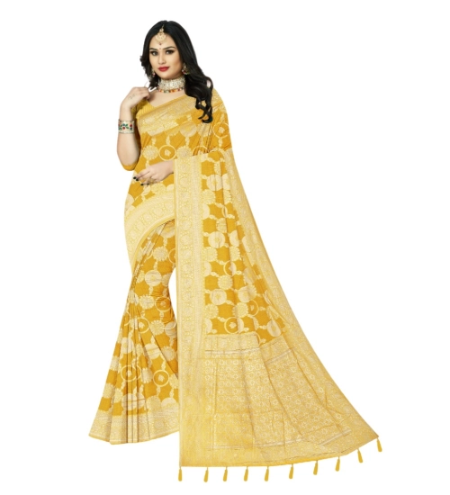Women's Cotton Printed Saree With Unstitched Blouse 5.5Mtr (Yellow)