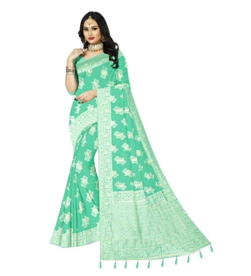 Women's Cotton Printed Saree With Unstitched Blouse 5.5Mtr (Rama)