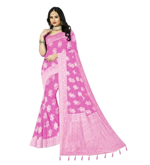 Women's Cotton Printed Saree With Unstitched Blouse 5.5Mtr (Pink)