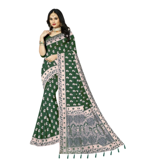 Women's Satin Printed Saree With Unstitched Blouse 5.5Mtr (Green)
