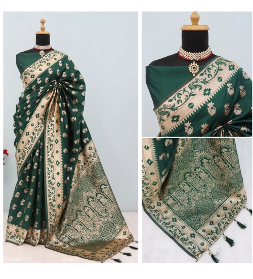 Women's Satin Printed Saree With Unstitched Blouse 5.5Mtr (Green)