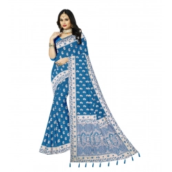 Women's Satin Printed Saree With Unstitched Blouse 5.5Mtr (Aqua Blue)