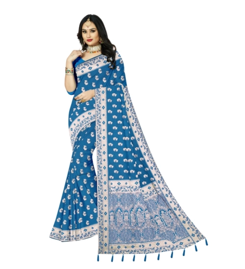 Women's Satin Printed Saree With Unstitched Blouse 5.5Mtr (Aqua Blue)
