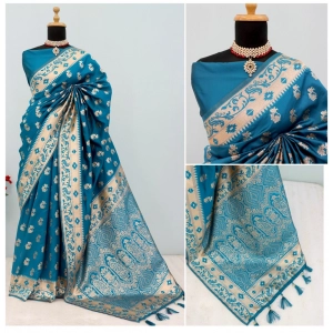 Generic Women's Satin Printed Saree With Unstitched Blouse 5.5Mtr (Aqua Blue)
