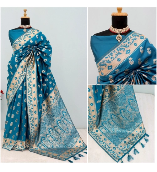 Women's Satin Printed Saree With Unstitched Blouse 5.5Mtr (Aqua Blue)