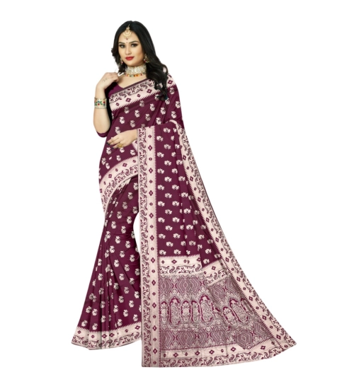 Women's Satin Printed Saree With Unstitched Blouse 5.5Mtr (Brown)