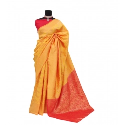 Women's Banarasi Printed Saree With Unstitched Blouse 5.5Mtr (Yellow)