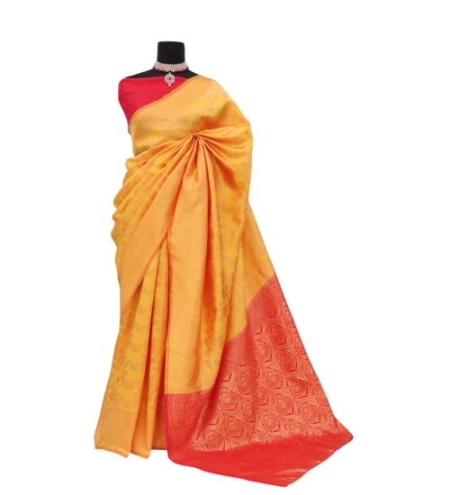 Women's Banarasi Printed Saree With Unstitched Blouse 5.5Mtr (Yellow)
