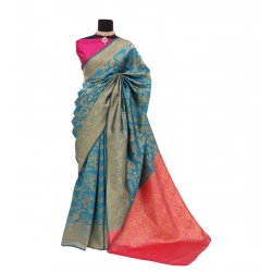 Women's Banarasi Printed Saree With Unstitched Blouse 5.5Mtr (Aqua Blue)