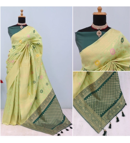 Women's Banarasi Printed Saree With Unstitched Blouse 5.5Mtr (Light Green)