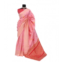 Women's Banarasi Printed Saree With Unstitched Blouse 5.5Mtr (Pink)