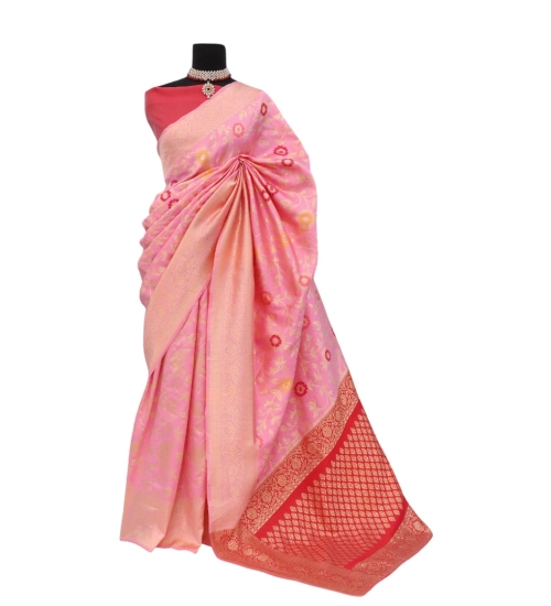 Women's Banarasi Printed Saree With Unstitched Blouse 5.5Mtr (Pink)