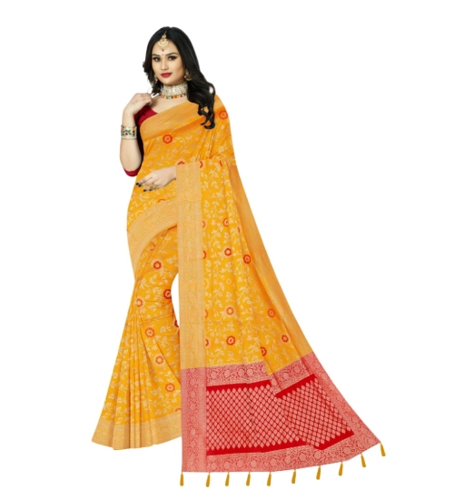 Women's Banarasi Printed Saree With Unstitched Blouse 5.5Mtr (Yellow)
