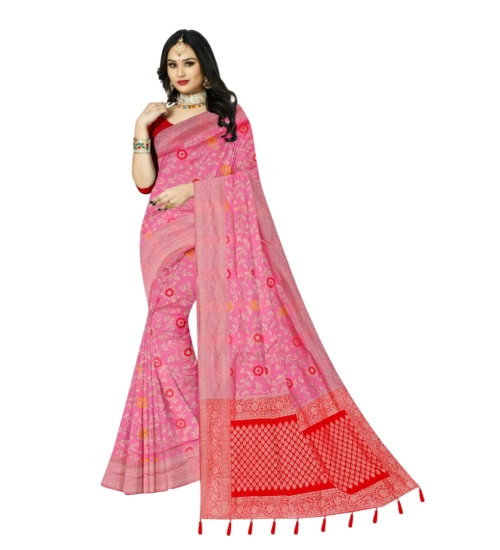 Women's Banarasi Printed Saree With Unstitched Blouse 5.5Mtr (Pink)