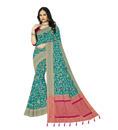 Women's Banarasi Printed Saree With Unstitched Blouse 5.5Mtr (Rama)