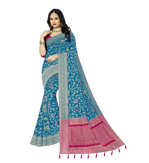 Women's Banarasi Printed Saree With Unstitched Blouse 5.5Mtr (Aqua Blue)
