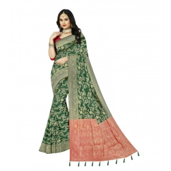 Women's Banarasi Printed Saree With Unstitched Blouse 5.5Mtr (Green)
