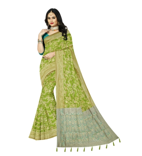 Women's Banarasi Printed Saree With Unstitched Blouse 5.5Mtr (Mehndi)